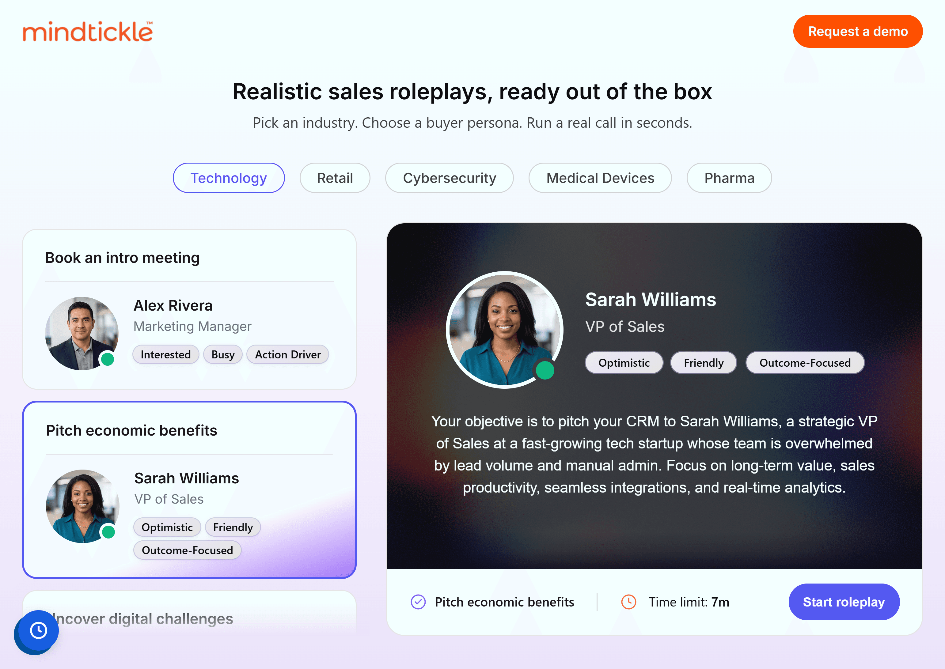 Free AI sales role play demo with scenarios across industries and buyer personas