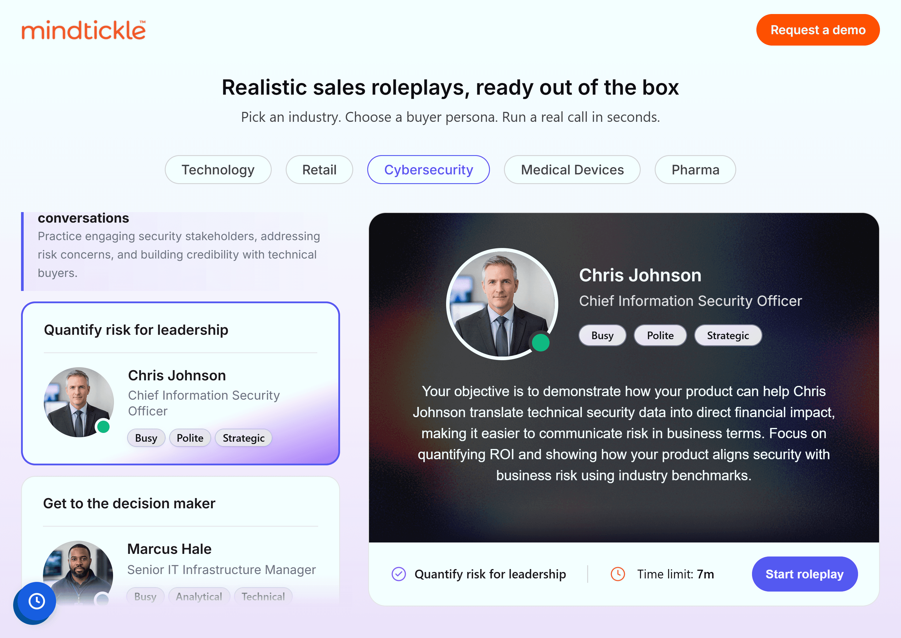 Mindtickle offers Free AI Sales Role Play for various industries and buyer persona