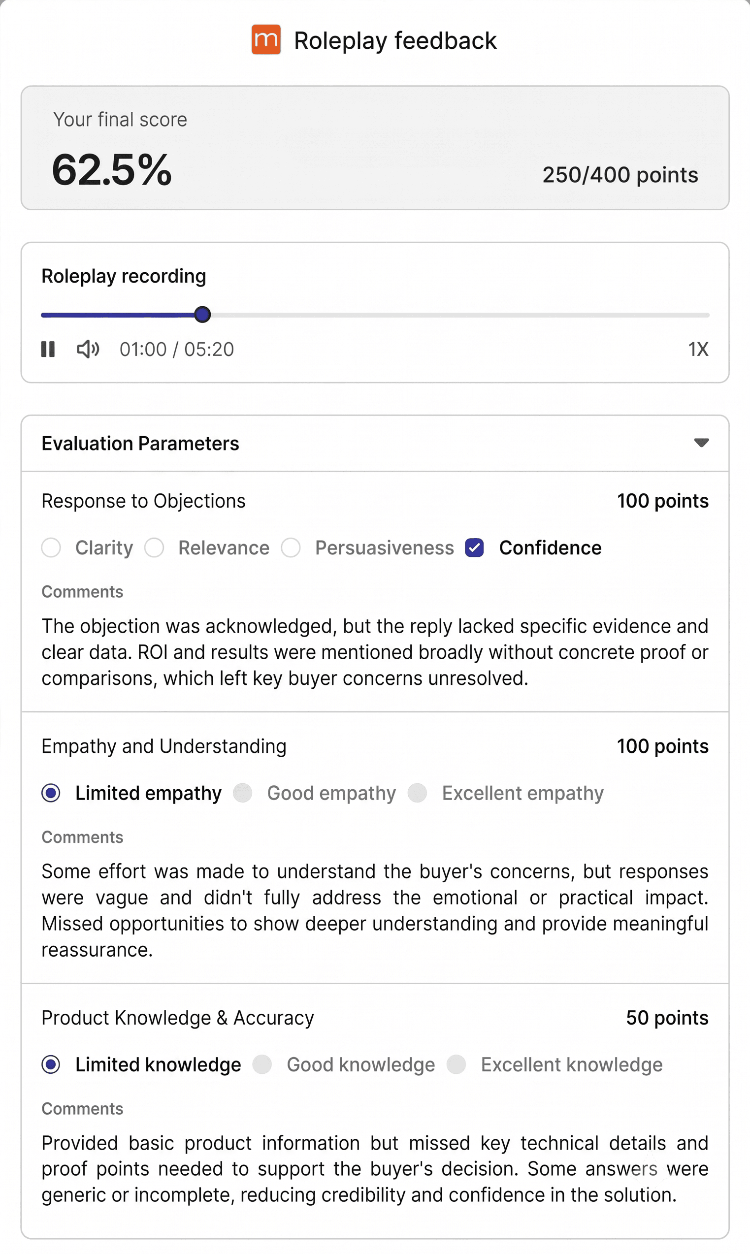 Rubric for agent performance assessment through AI Role Play Simulator
