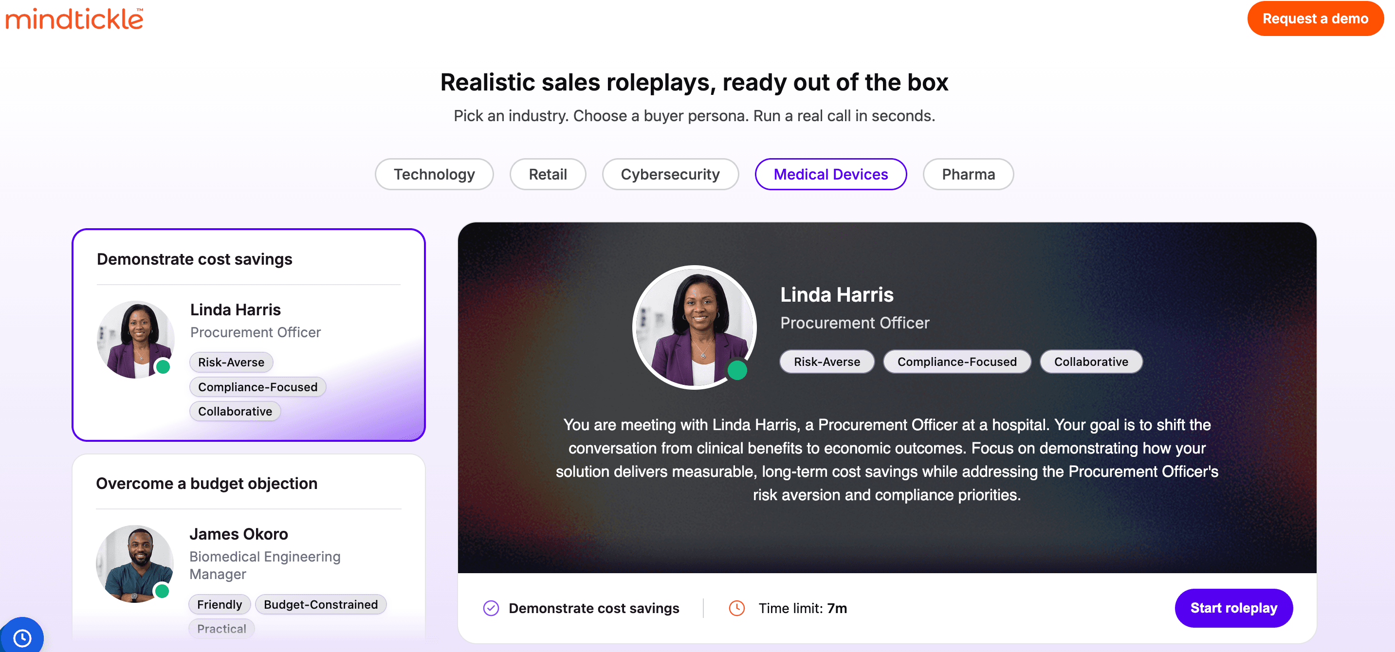 Mindtickle AI role play for medical devices with a procurement officer persona